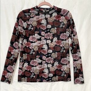 Sheer Romantic ❤️ Floral Y2K Mock Neck Long Sleeve Top, Pink Red Cream Black, M